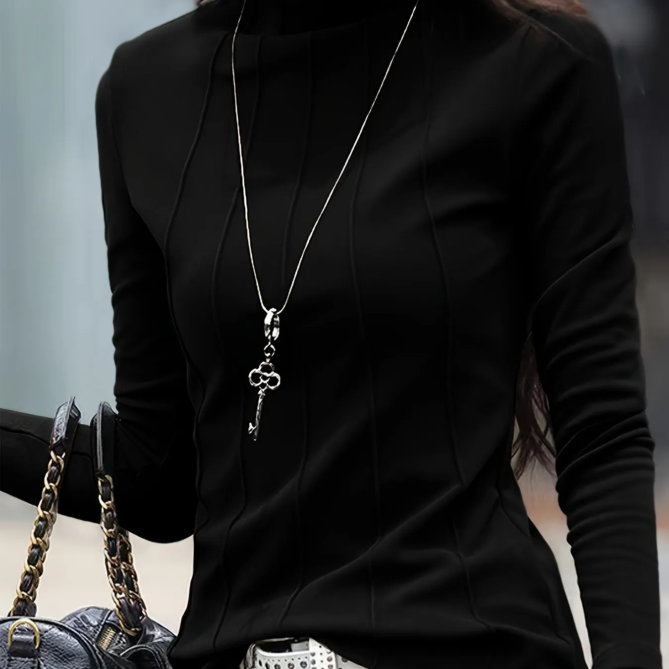 Long Sleeve Solid Turtleneck Slim T-Shirt for Women, Versatile for Spring & Fall