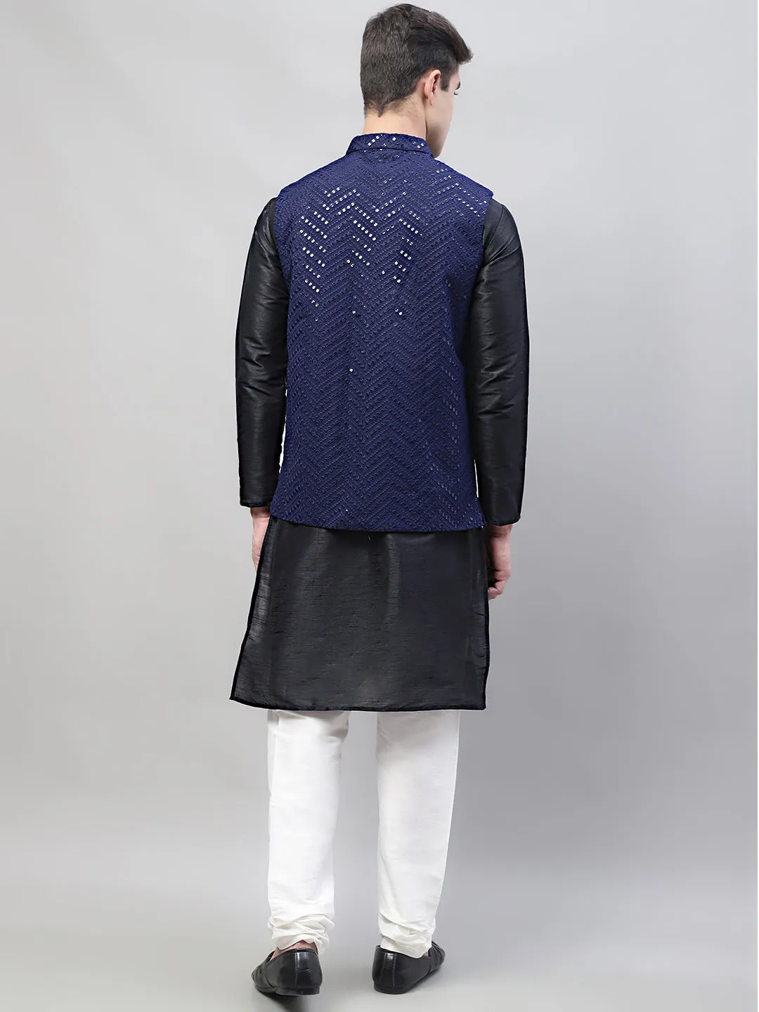Men Black Solid Kurta Pyjama with  Navy Blue Embroidered Nehru Jacket