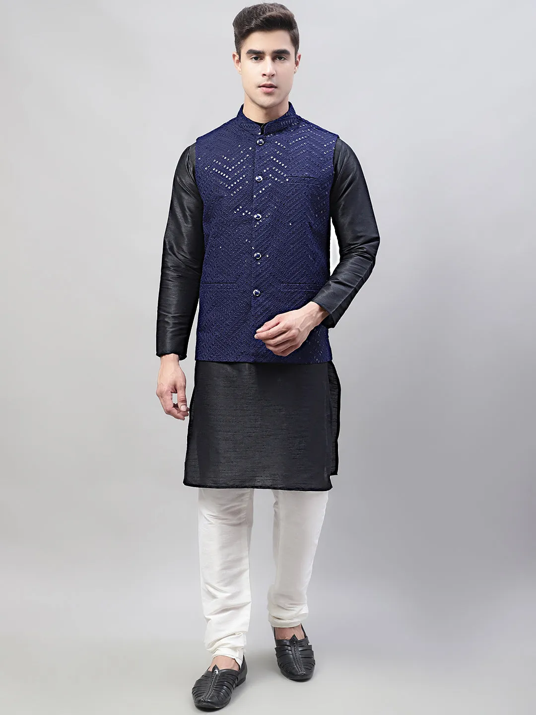 Men Black Solid Kurta Pyjama with  Navy Blue Embroidered Nehru Jacket