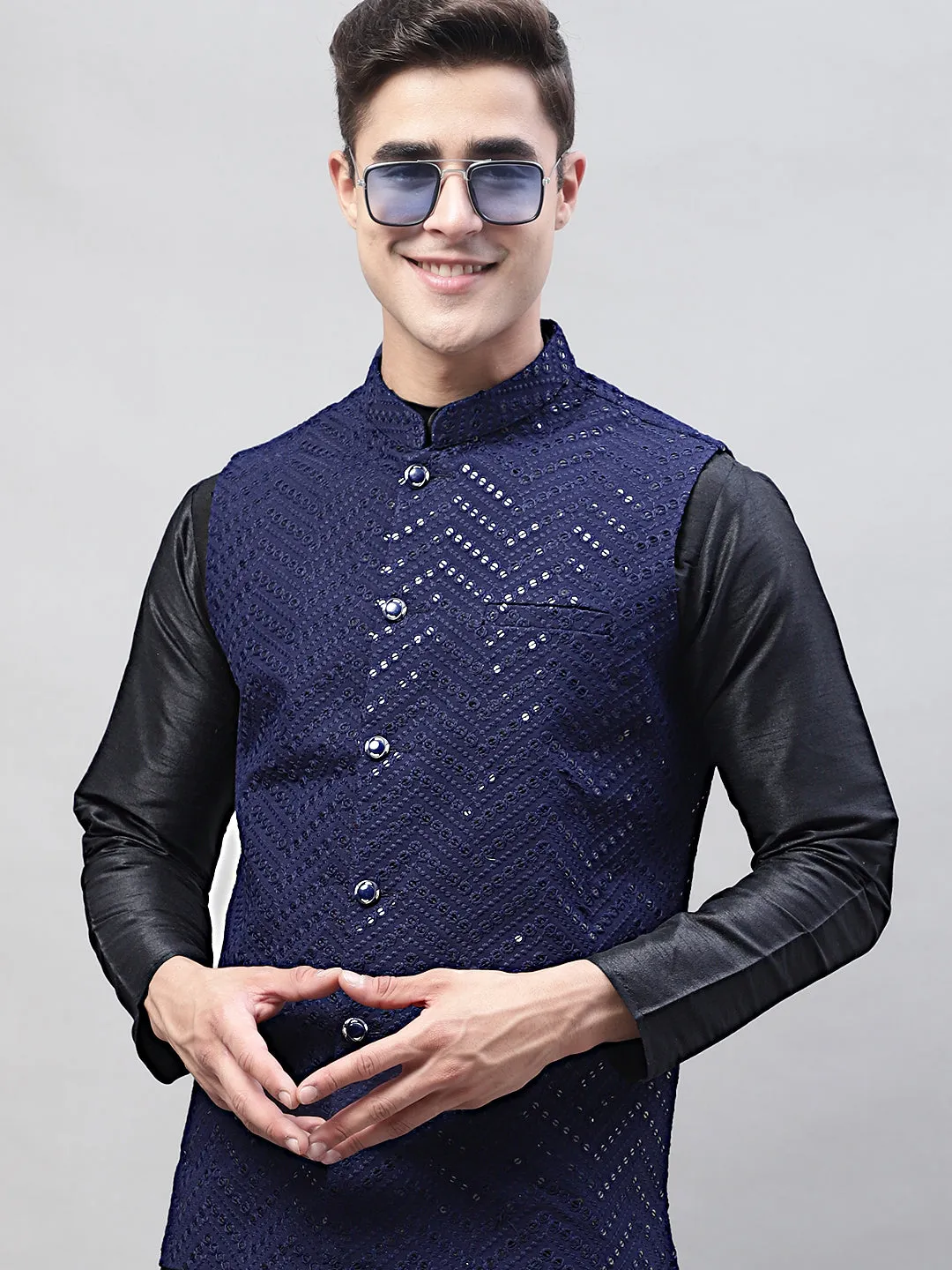 Men Black Solid Kurta Pyjama with  Navy Blue Embroidered Nehru Jacket