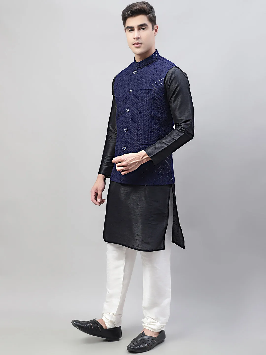 Men Black Solid Kurta Pyjama with  Navy Blue Embroidered Nehru Jacket