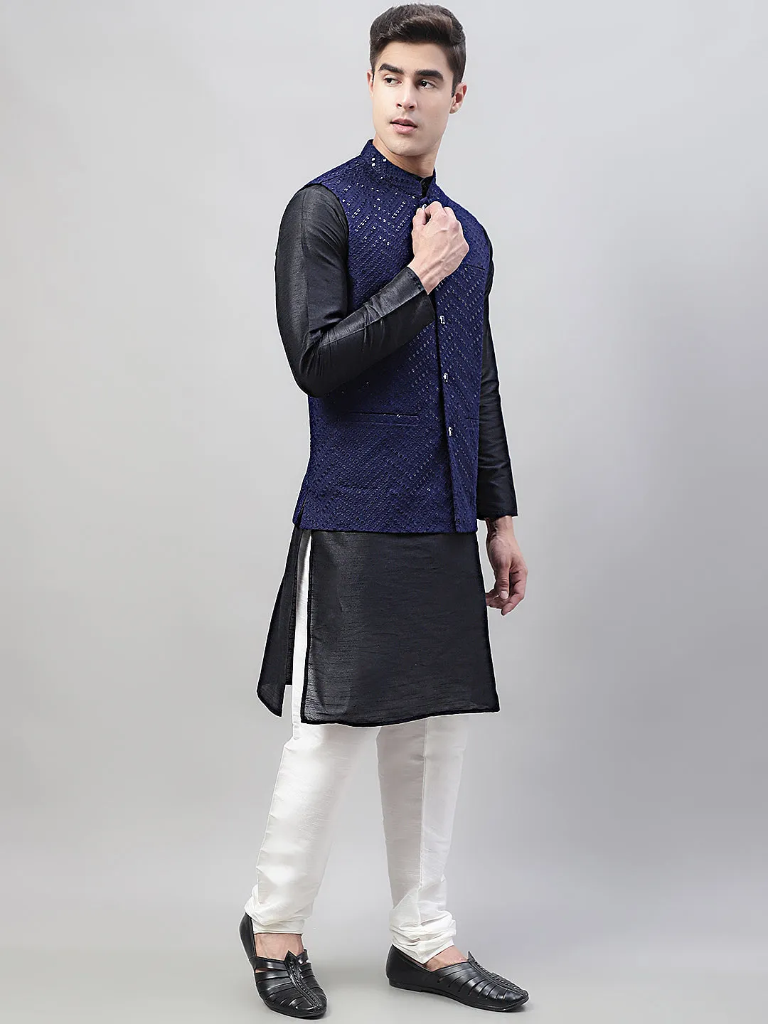 Men Black Solid Kurta Pyjama with  Navy Blue Embroidered Nehru Jacket
