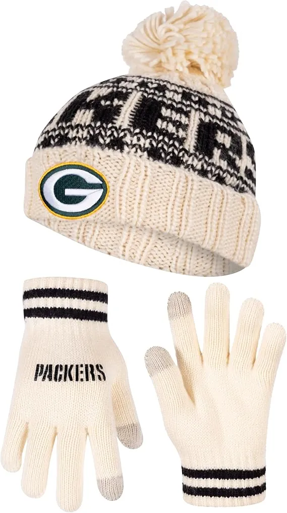 NFL Official Adults Super Soft Cable Knit Winter Beanie Knit Hat with Extra Warm Touch Screen Gloves|Green Bay Packers