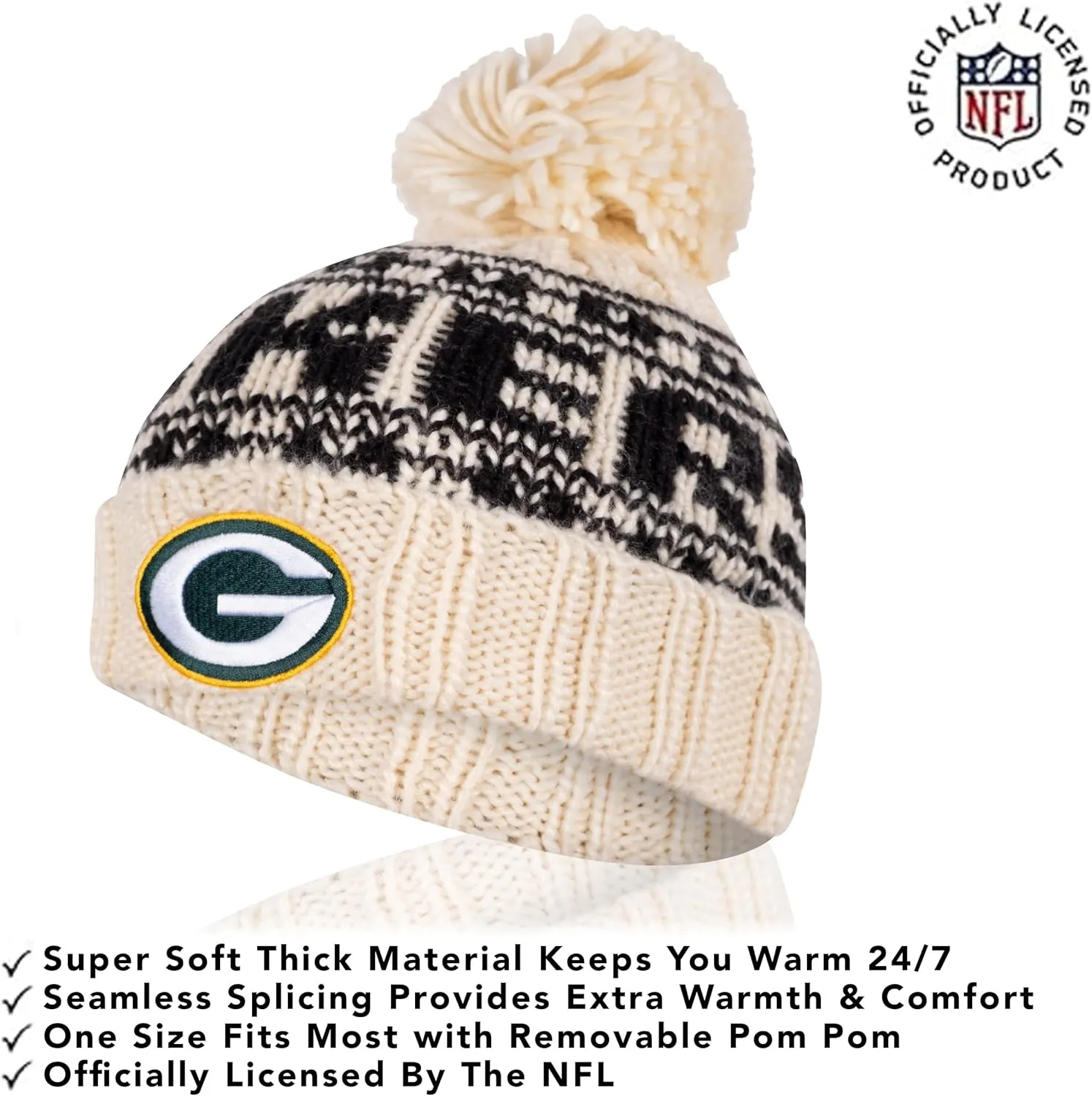 NFL Official Adults Super Soft Cable Knit Winter Beanie Knit Hat with Extra Warm Touch Screen Gloves|Green Bay Packers