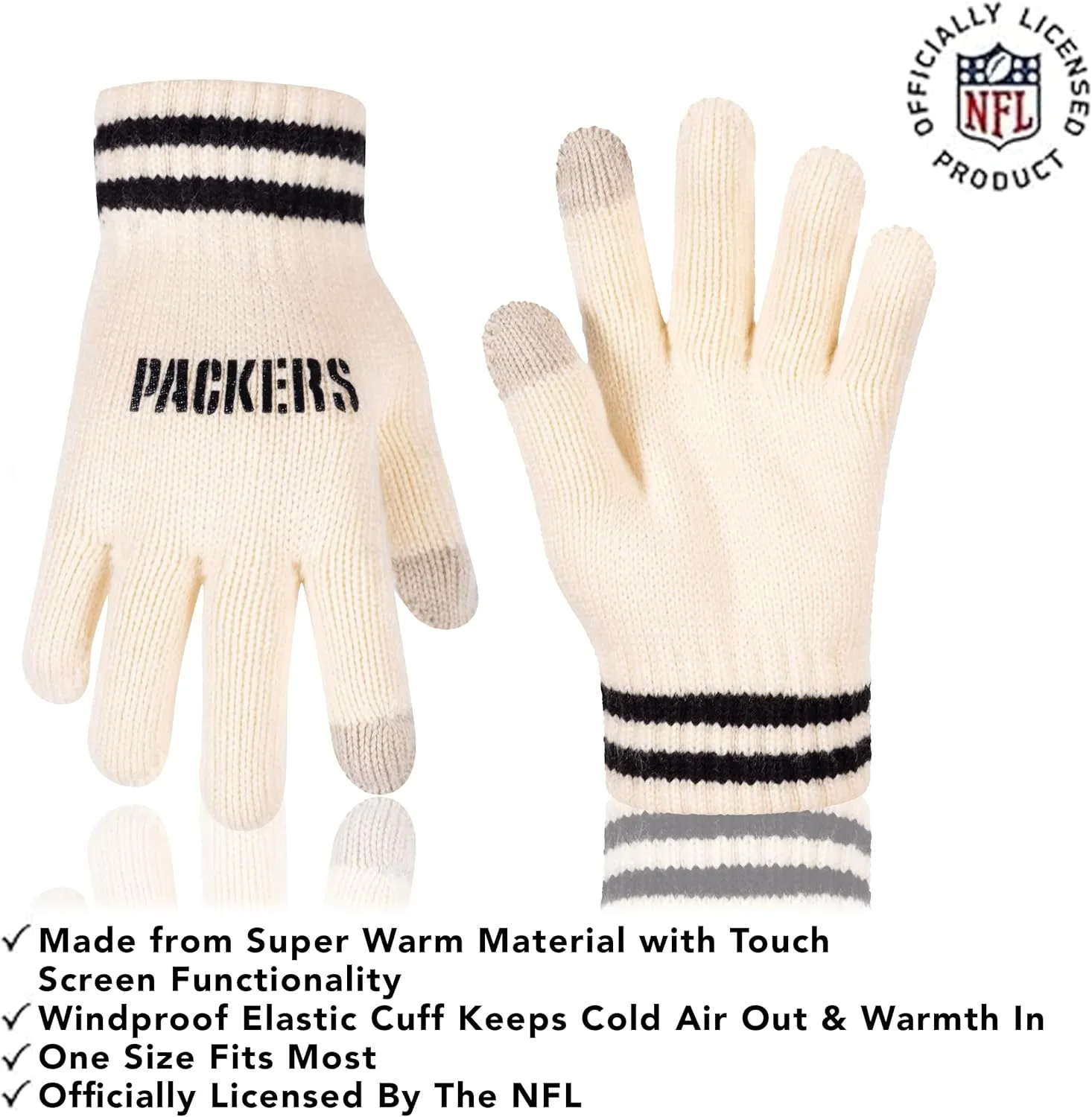 NFL Official Adults Super Soft Cable Knit Winter Beanie Knit Hat with Extra Warm Touch Screen Gloves|Green Bay Packers