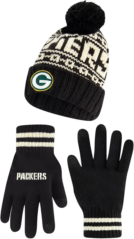 NFL Official Adults Super Soft Cable Knit Winter Beanie Knit Hat with Extra Warm Touch Screen Gloves|Green Bay Packers