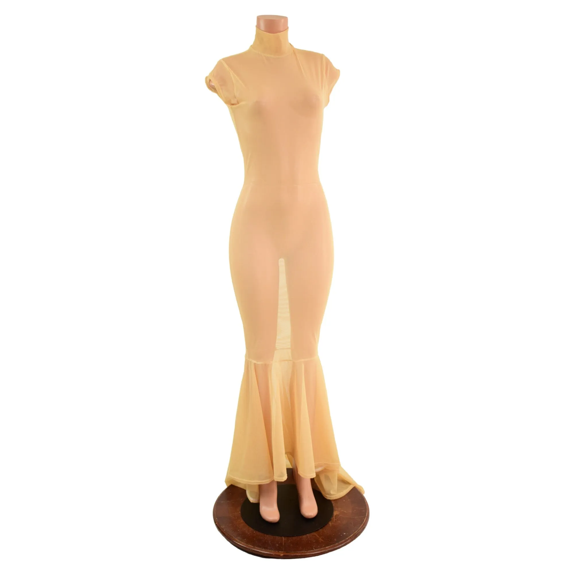 Nude Mesh Puddle Train Gown