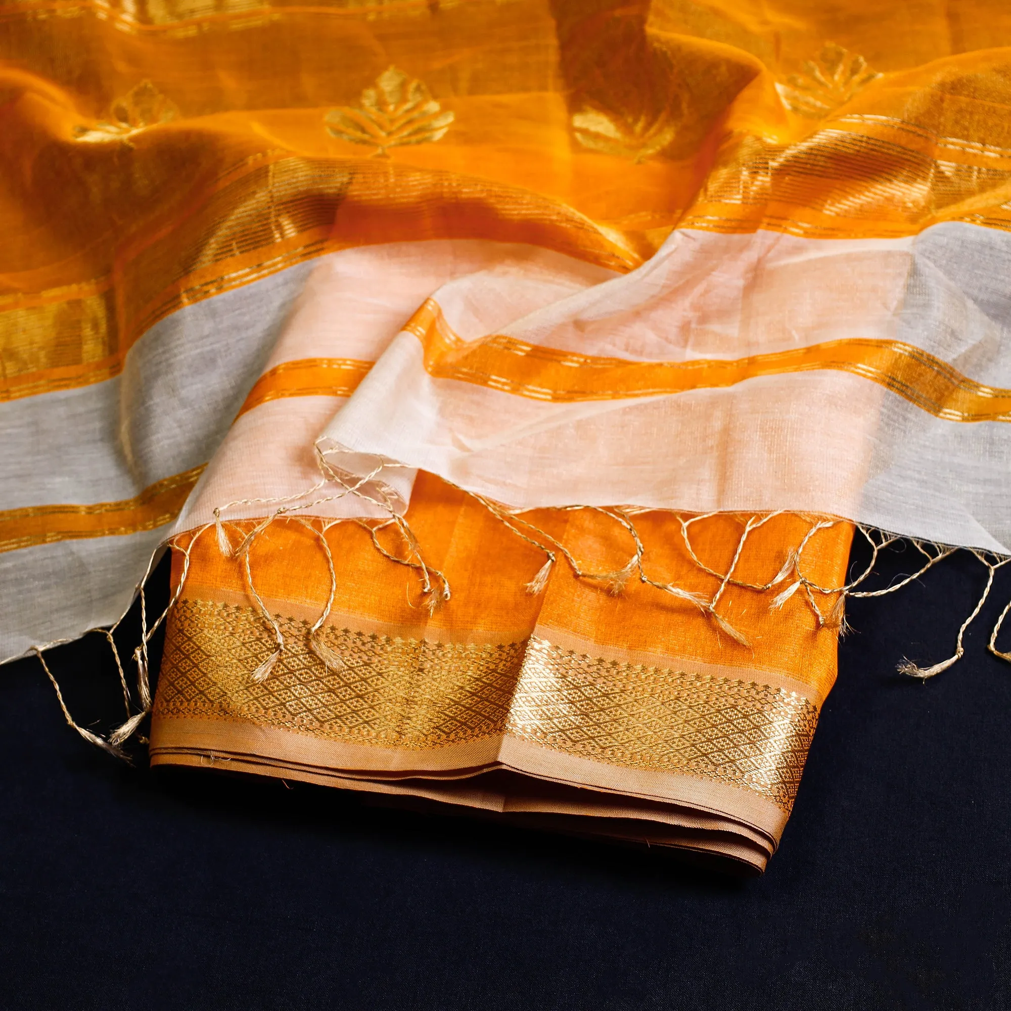 Orange - 2pc Maheshwari Zari Work Handloom Suit Material Set With Tissue Dupatta