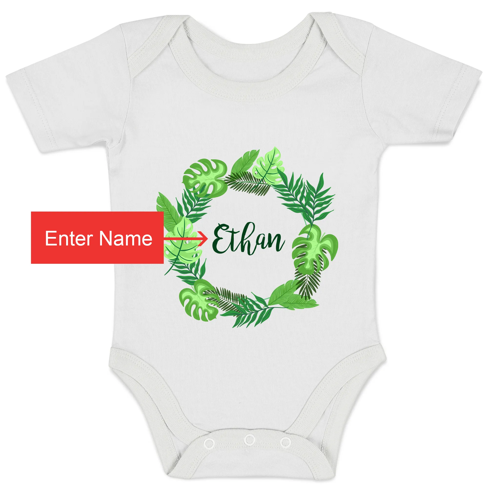 Personalized Organic Baby Bodysuit - Tropical Leaves (White / Short Sleeve)