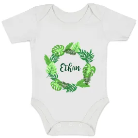 Personalized Organic Baby Bodysuit - Tropical Leaves (White / Short Sleeve)