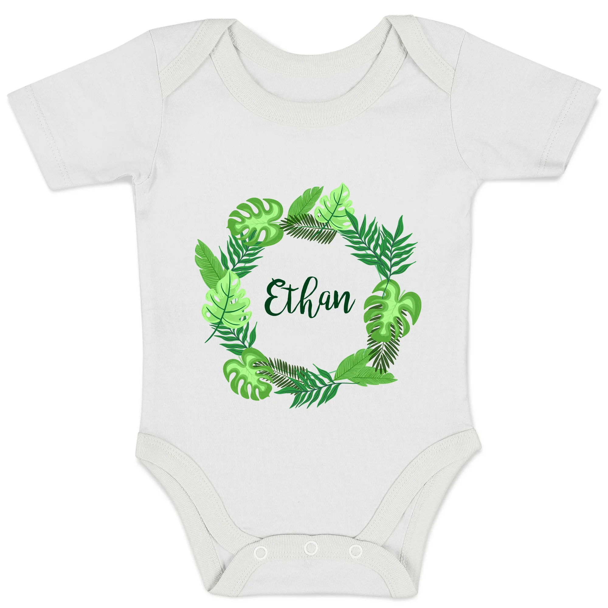 Personalized Organic Baby Bodysuit - Tropical Leaves (White / Short Sleeve)