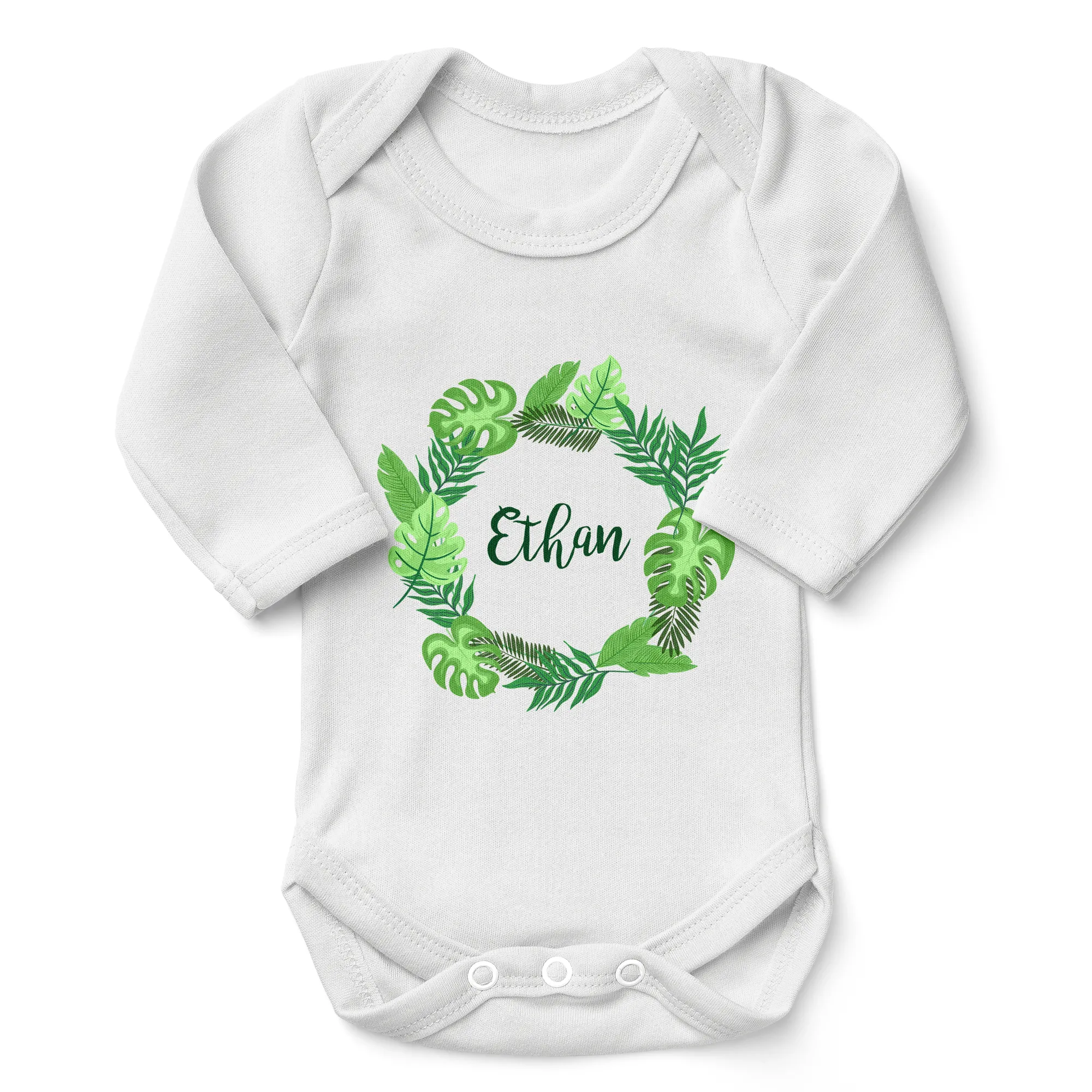 Personalized Organic Baby Bodysuit - Tropical Leaves (White)