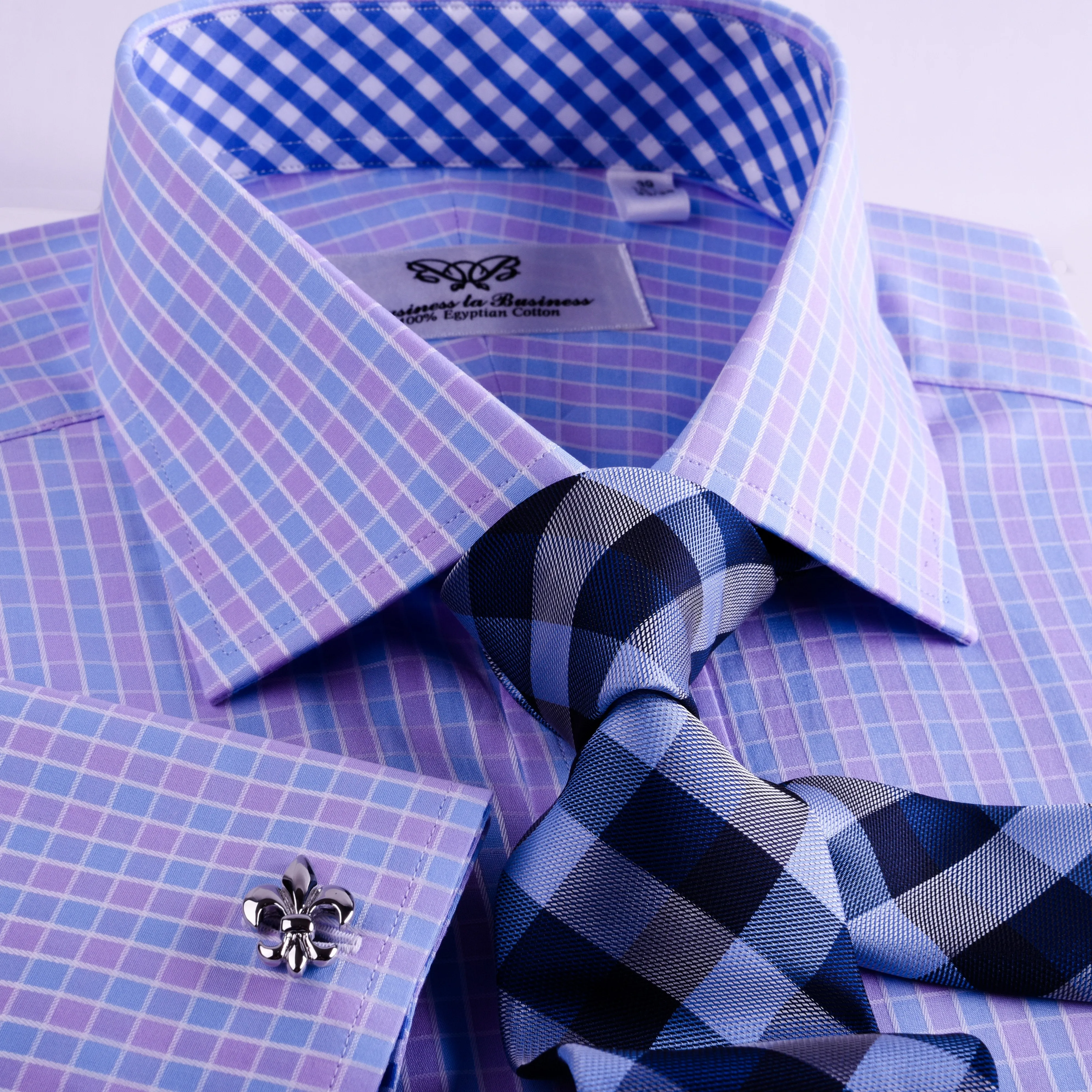 Purple Blue Designer Checkered Formal Business Dress Shirt With Matching TIe (Copy)