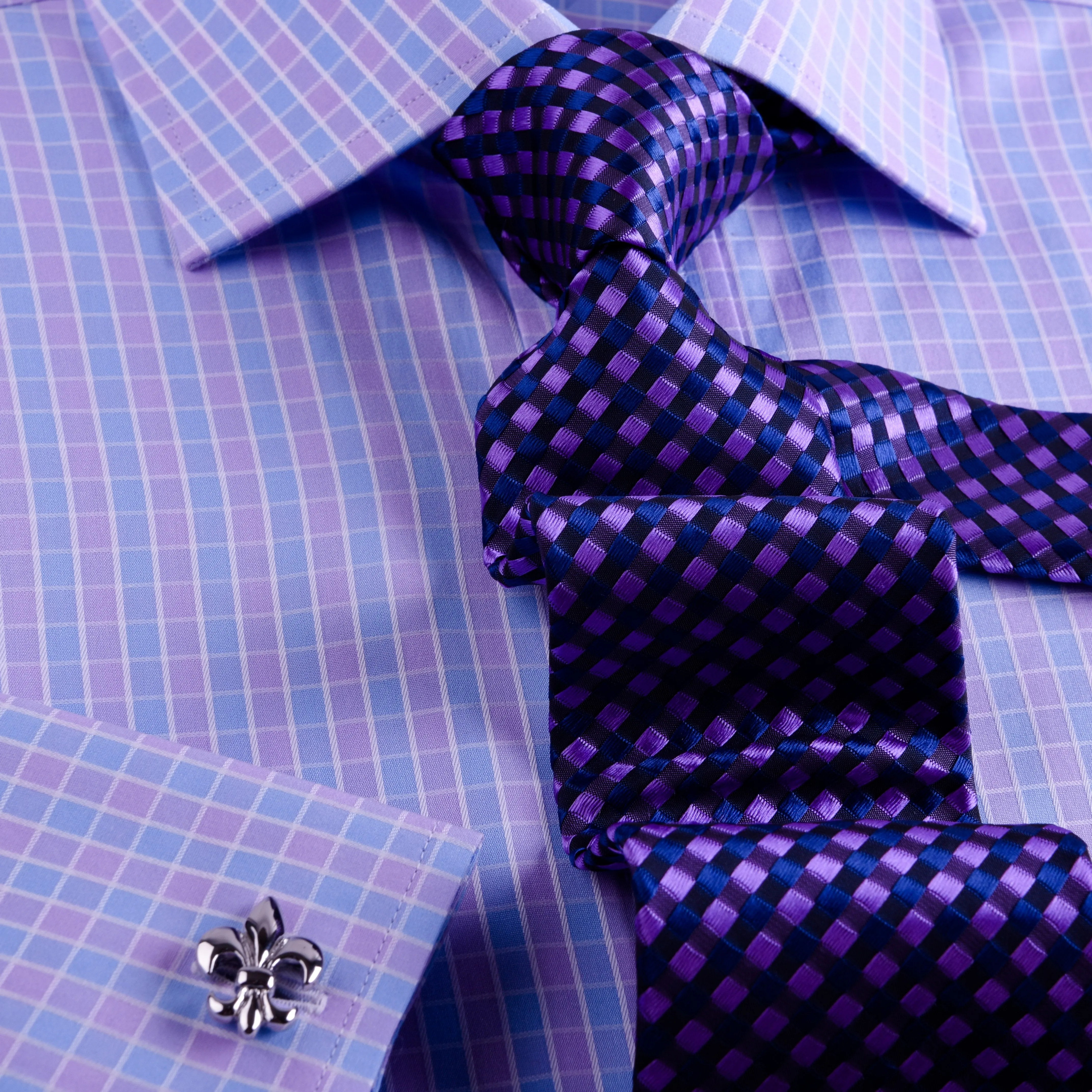 Purple Blue Designer Checkered Formal Business Dress Shirt With Matching TIe (Copy)