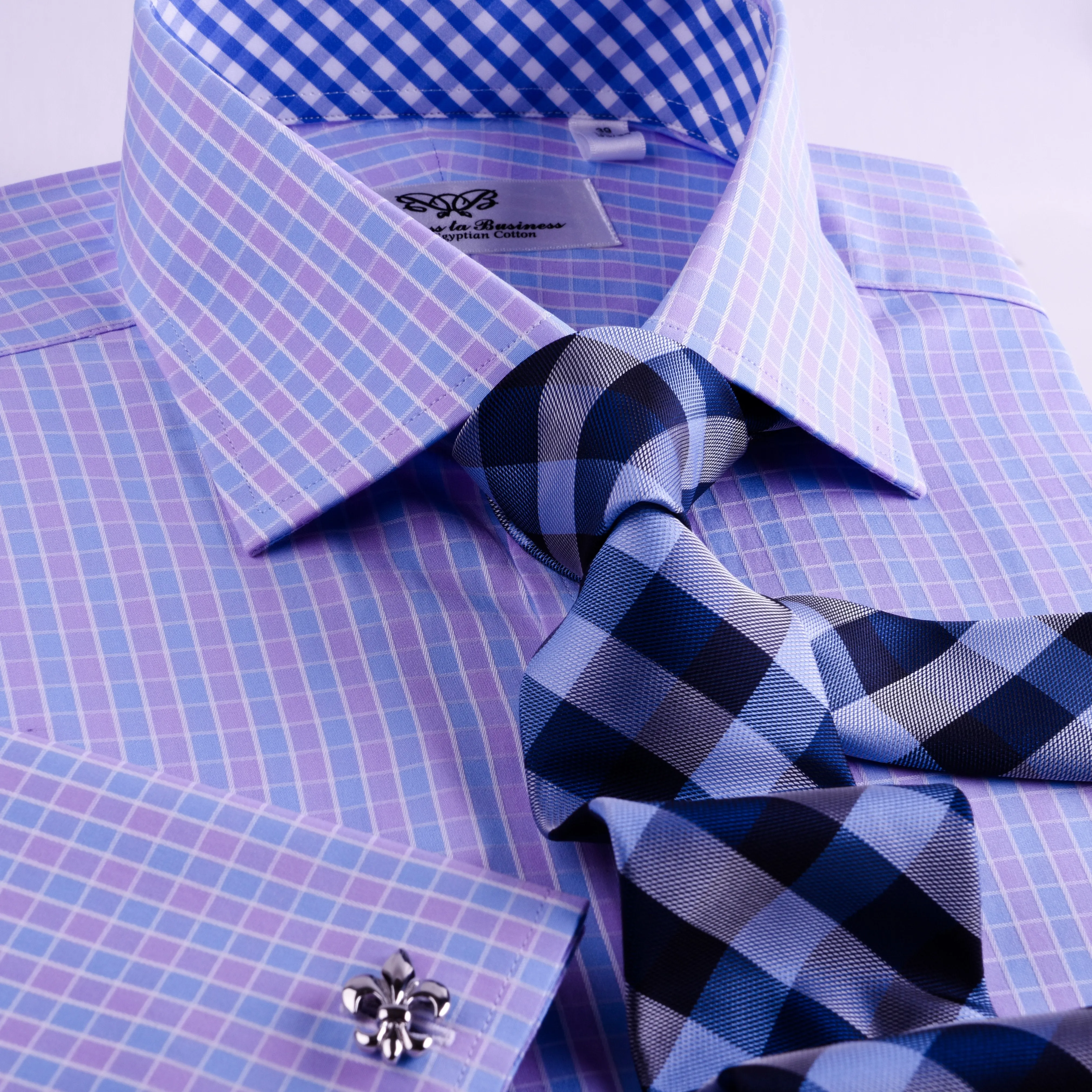 Purple Blue Designer Checkered Formal Business Dress Shirt With Matching TIe (Copy)
