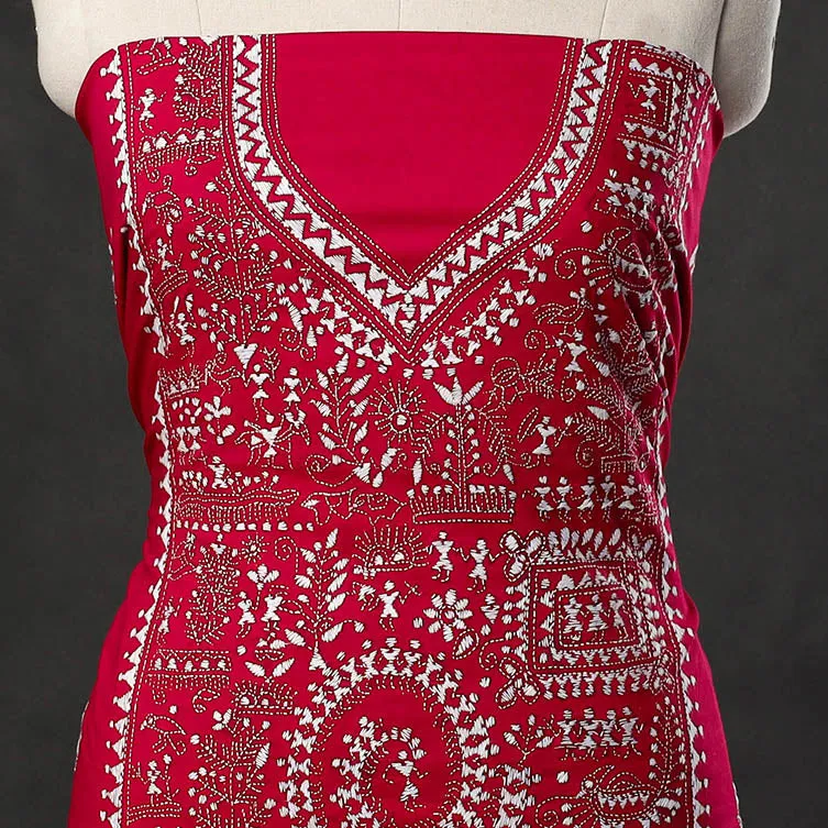 Red - Bengal Kantha Embroidery Cotton Kurta Material - (2.75m) 49