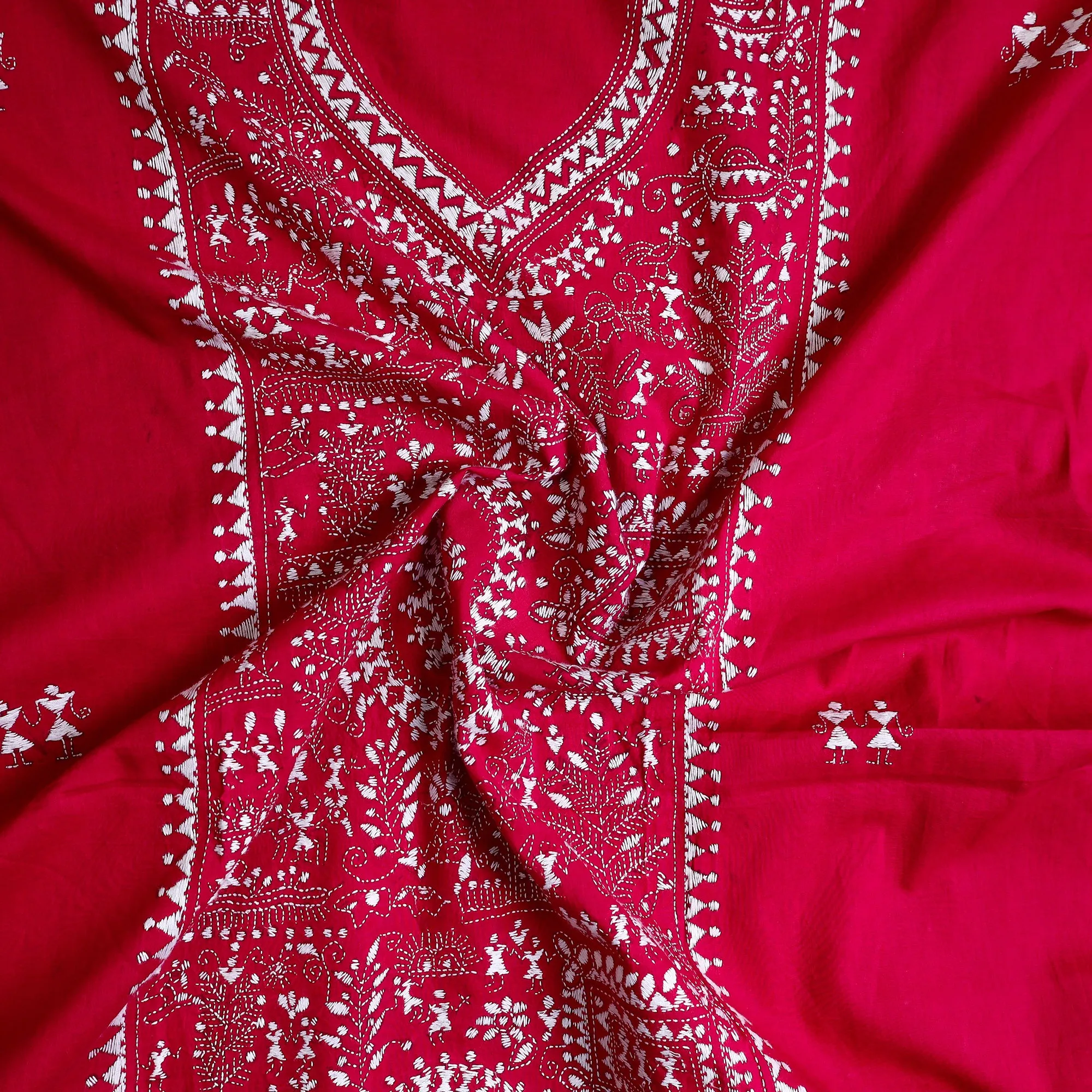 Red - Bengal Kantha Embroidery Cotton Kurta Material - (2.75m) 49