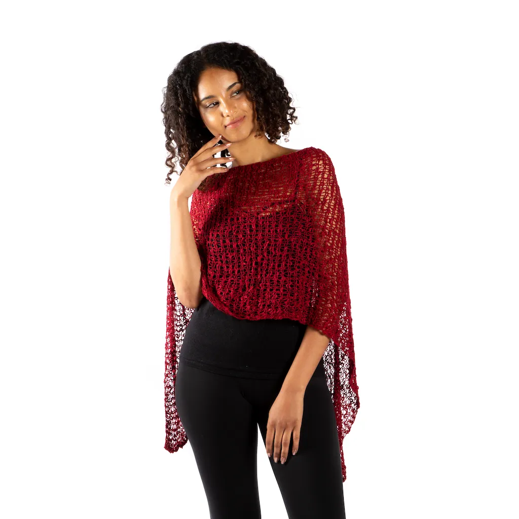 Short Popcorn Knit Poncho - Claret Red, Bali
