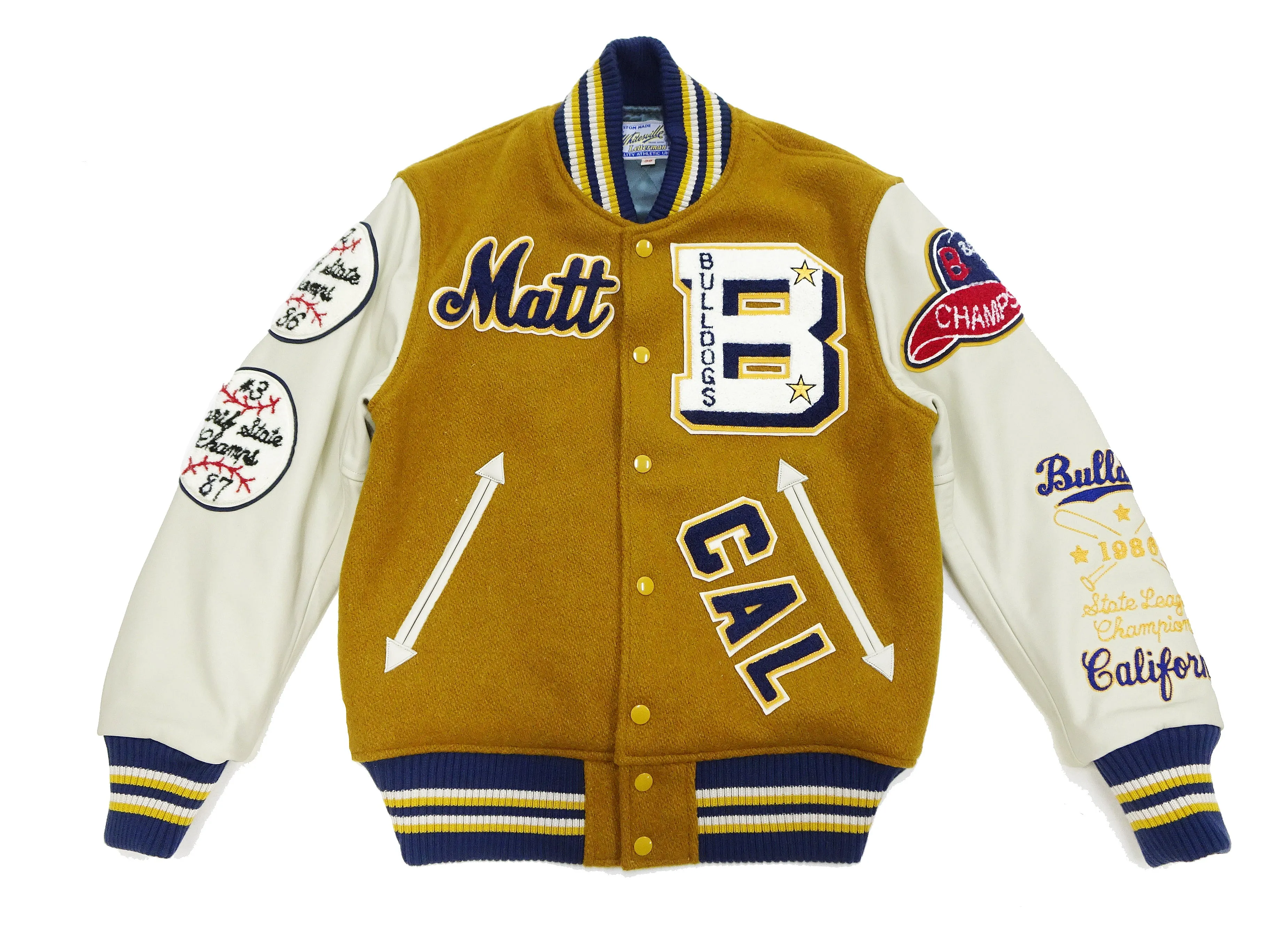 Whitesville Varsity Jacket Men's Letterman Jacket Melton x Leather Award Jacket WV15385 WV15385-156 Gold/Ivory