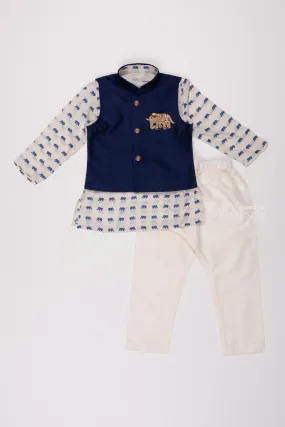 Wildlife Whisper: Animal-Print Kurta & Blue Overcoat Combo with Sleek Pant for Boys