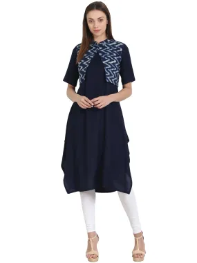 Women Blue Sleevless Rayon Kurta With Printed Cotton Half Sleeve Jacket