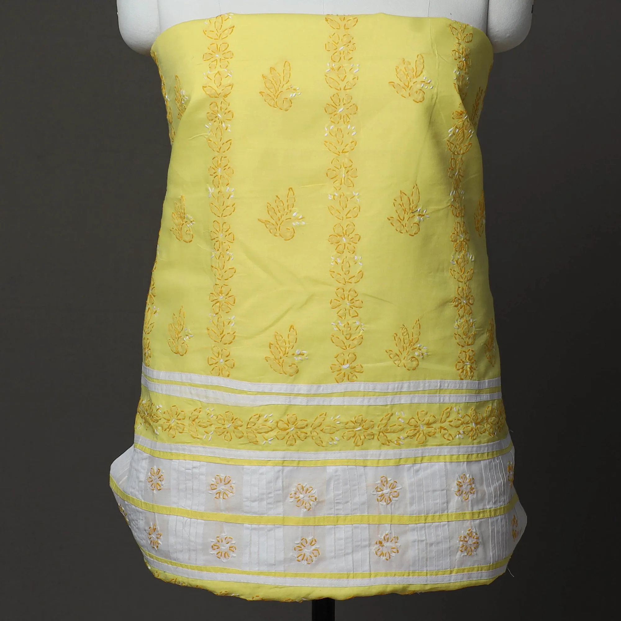 Yellow - 3pc Lucknow Chikankari Embroidery Suit Material Set 26
