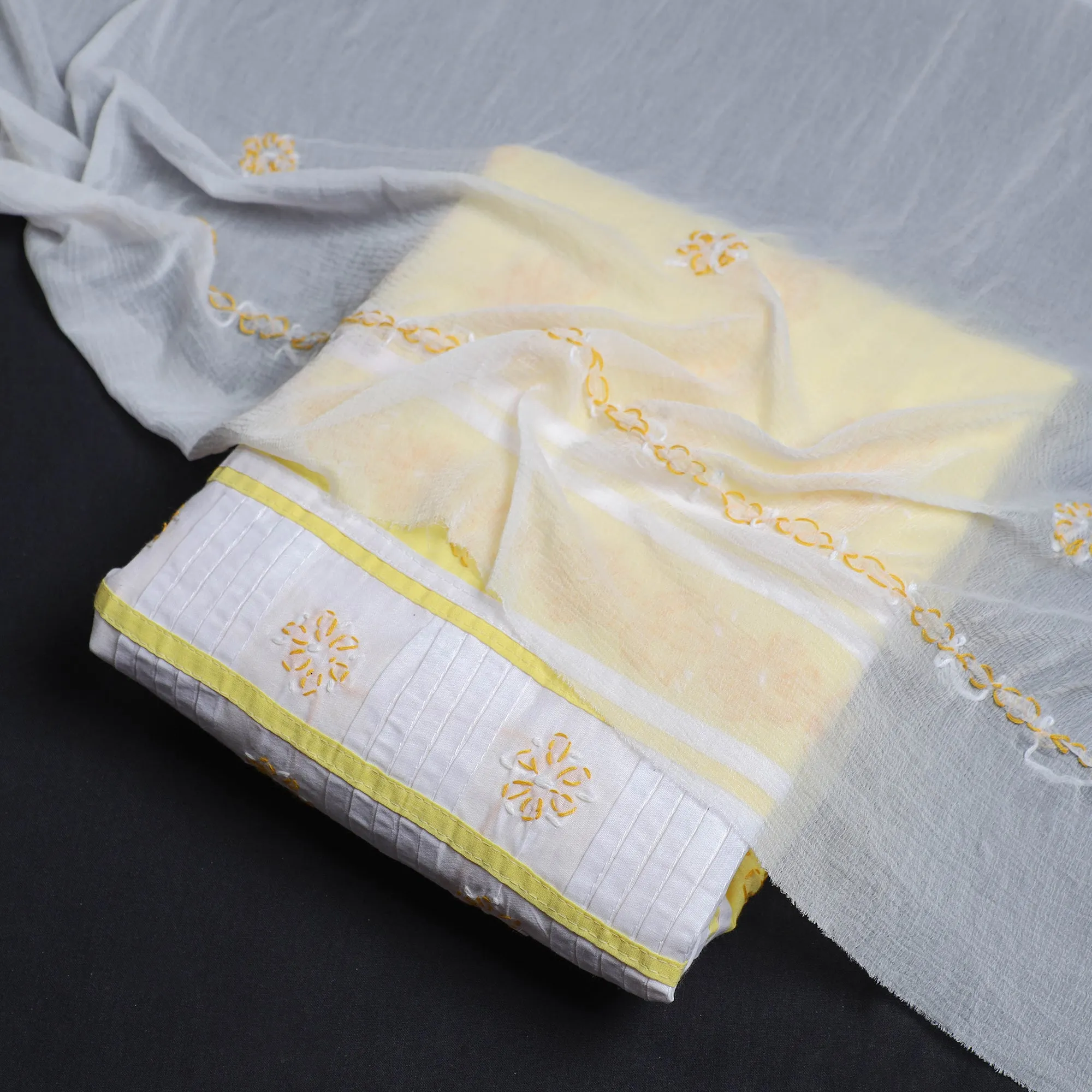 Yellow - 3pc Lucknow Chikankari Embroidery Suit Material Set 26